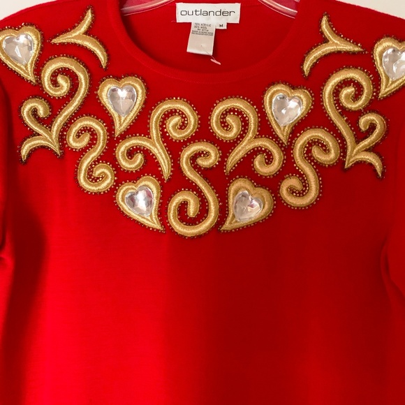 VTG 80s Holiday Festive 2-Pc Red Skirt & Sweater Set Gold Embellished Hearts Med - Picture 3 of 8